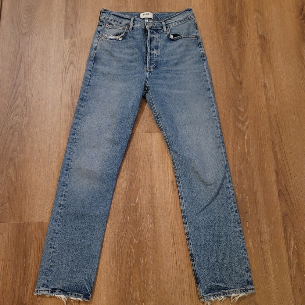 Agolde Light Blue High Rise Straight Jeans with Raw Hem